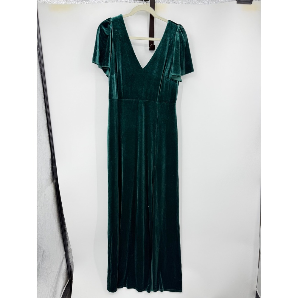 Birdy Grey Hannah Velvet Maxi slit Dress XL Emerald Green Flutter Sleeve V-Neck